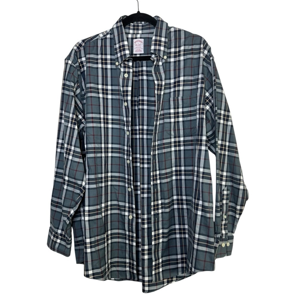 Brooks Brothers Gray Blue Plaid Madison The Original‎ Polo 100% Supima Cotton L